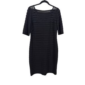 Adrianna Papell Dress Womens 14 Black Pleated Sheath Mesh Shoulder Knee Length